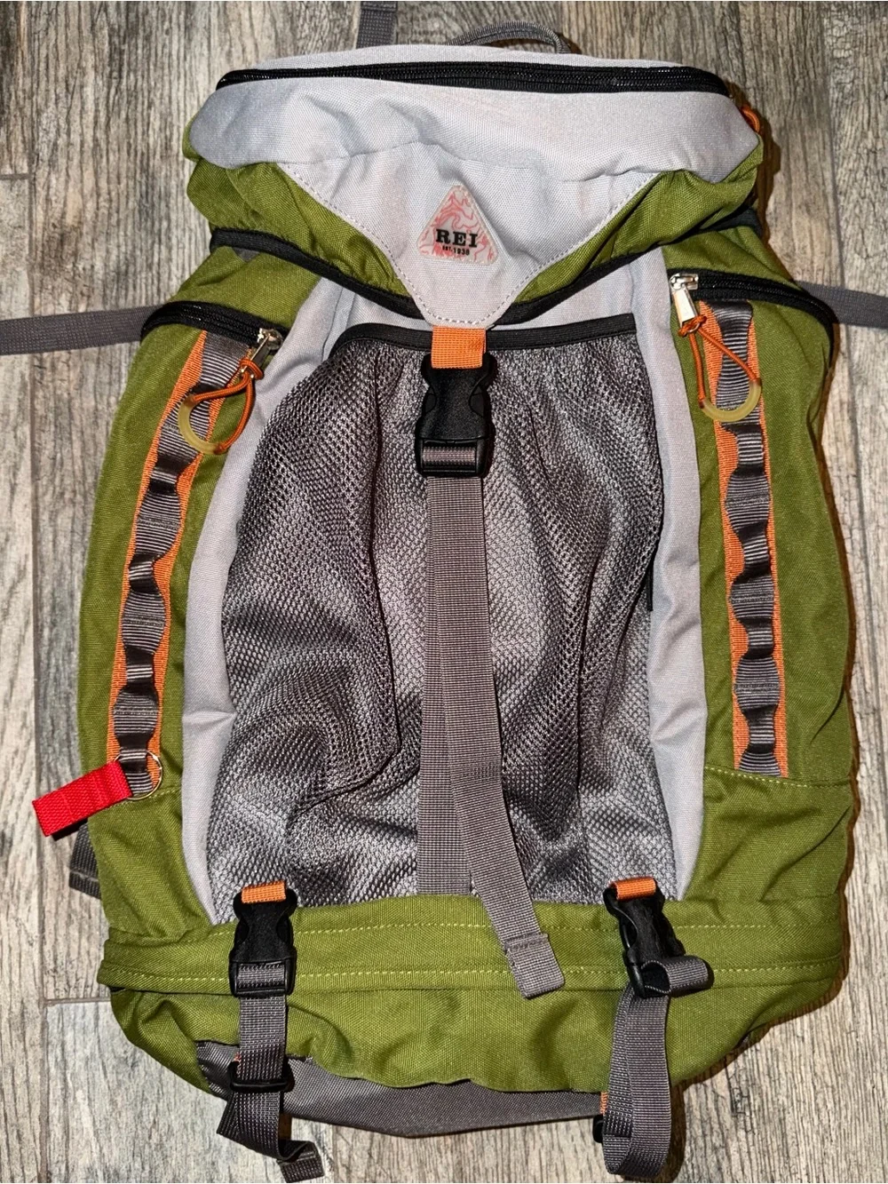 REI Olive Green and Gray Hiking Backpack with Orange Accents